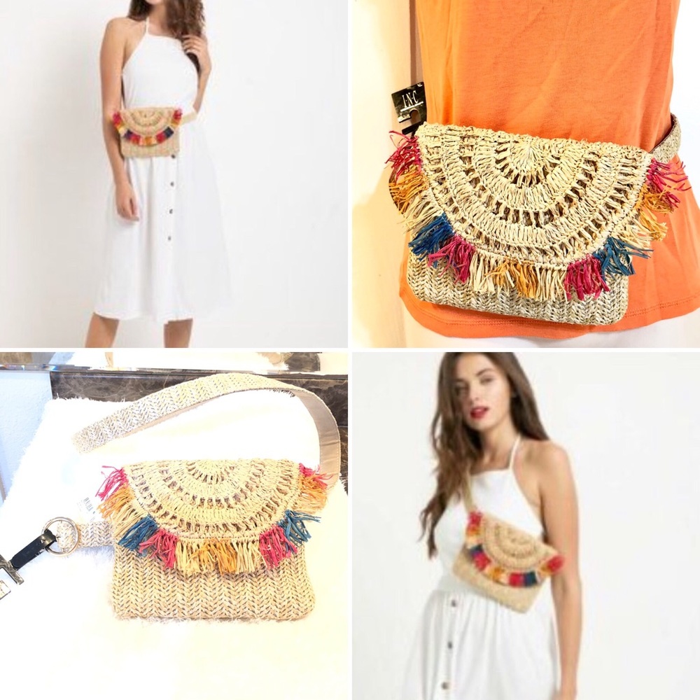 INC- Straw- Multi Color Fringe Belt Bag-Sz XL-NWT
